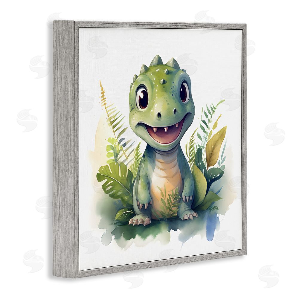 Steve Hunziker Crafty Dino & Foliage Gray Framed Giclee Wall Art Print