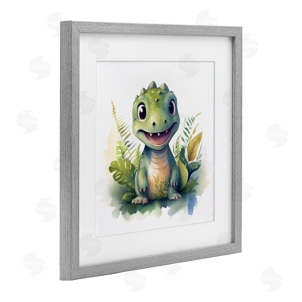 Steve Hunziker Crafty Dino & Foliage Gray Framed Print Under Glass Wall Art