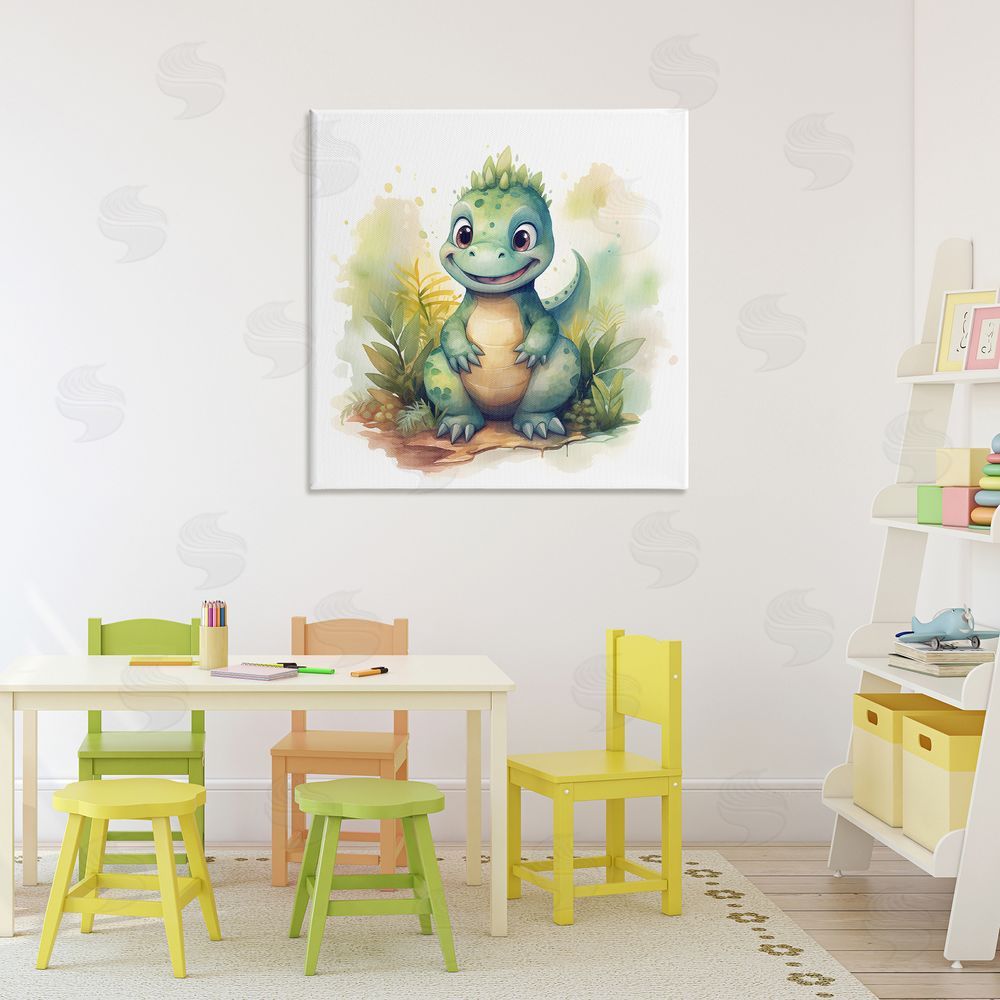 Steve Hunziker Crafty Smiling Dinosaur Stretched Canvas Wall Art Print in Room