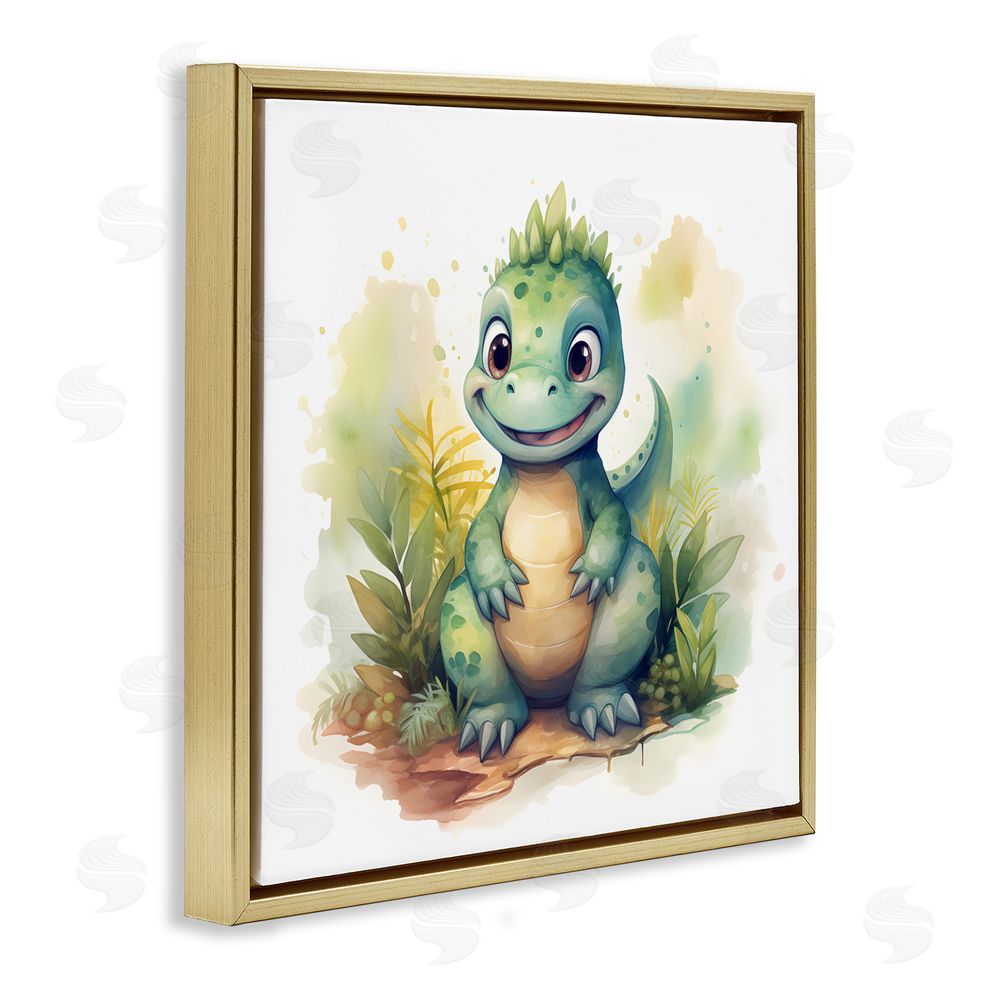 Steve Hunziker Crafty Smiling Dinosaur Gold Floating Frame Wall Art Print