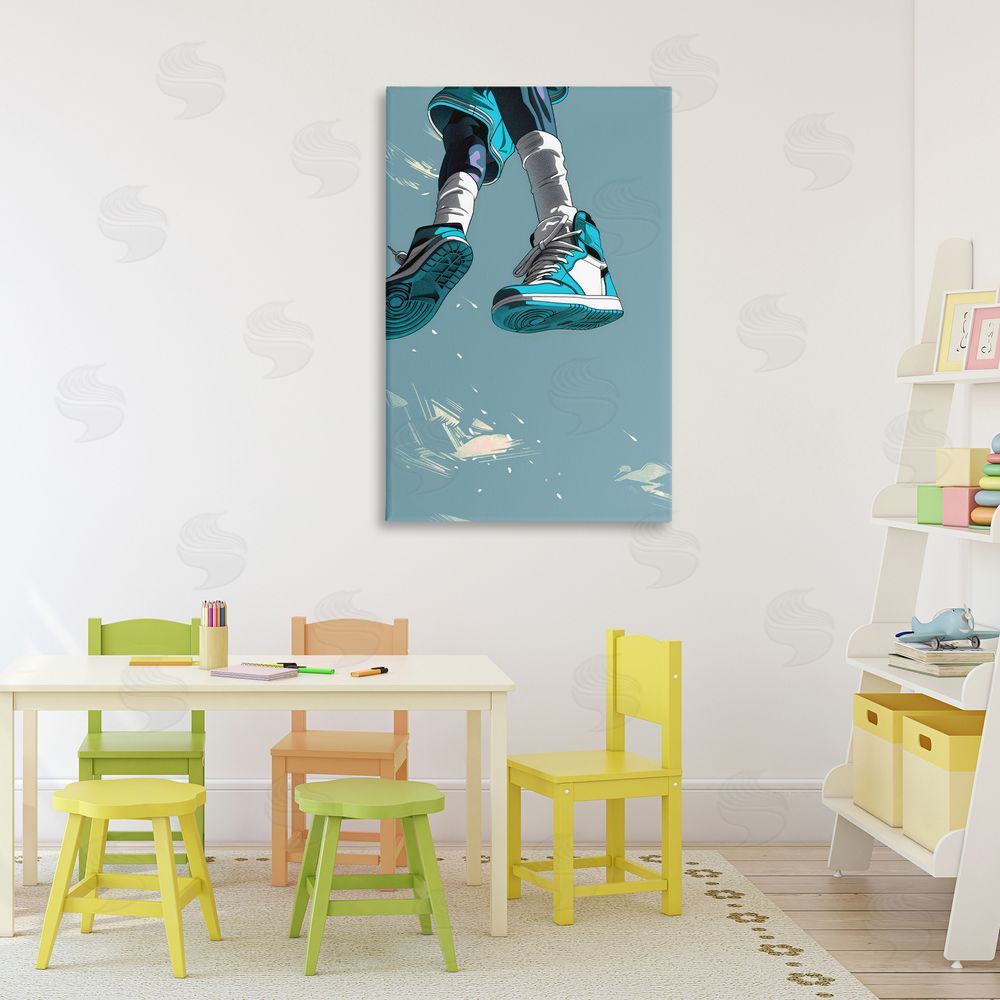 Ray Powers Sporty Jump with Sneakers Stretched Canvas Wall Art Print in Room