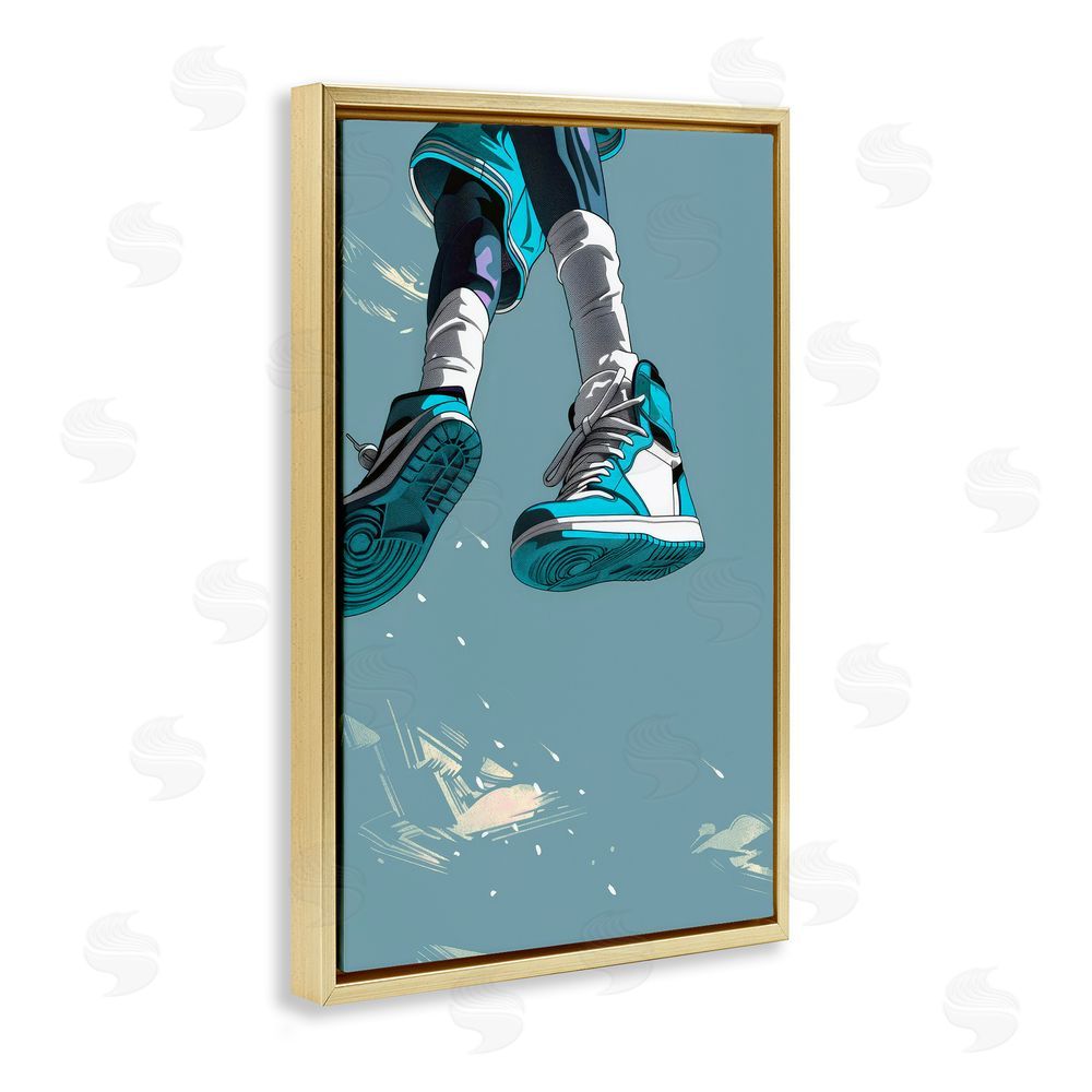 Ray Powers Sporty Jump with Sneakers Gold Floating Frame Canvas Wall Art Print