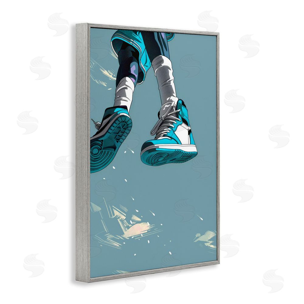 Ray Powers Sporty Jump with Sneakers Gray Framed Giclee Wall Art Print