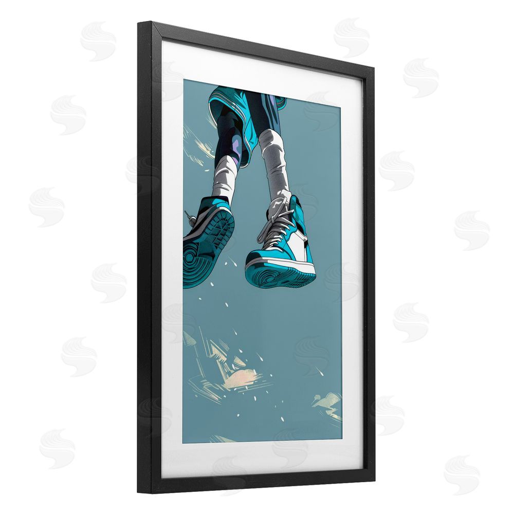 Ray Powers Sporty Jump with Sneakers Black Framed Print Under Glass Wall Art