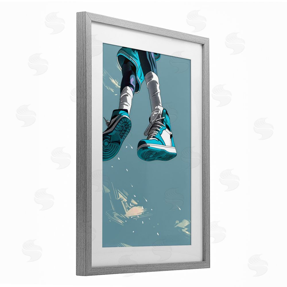 Ray Powers Sporty Jump with Sneakers Gray Framed Print Under Glass Wall Art