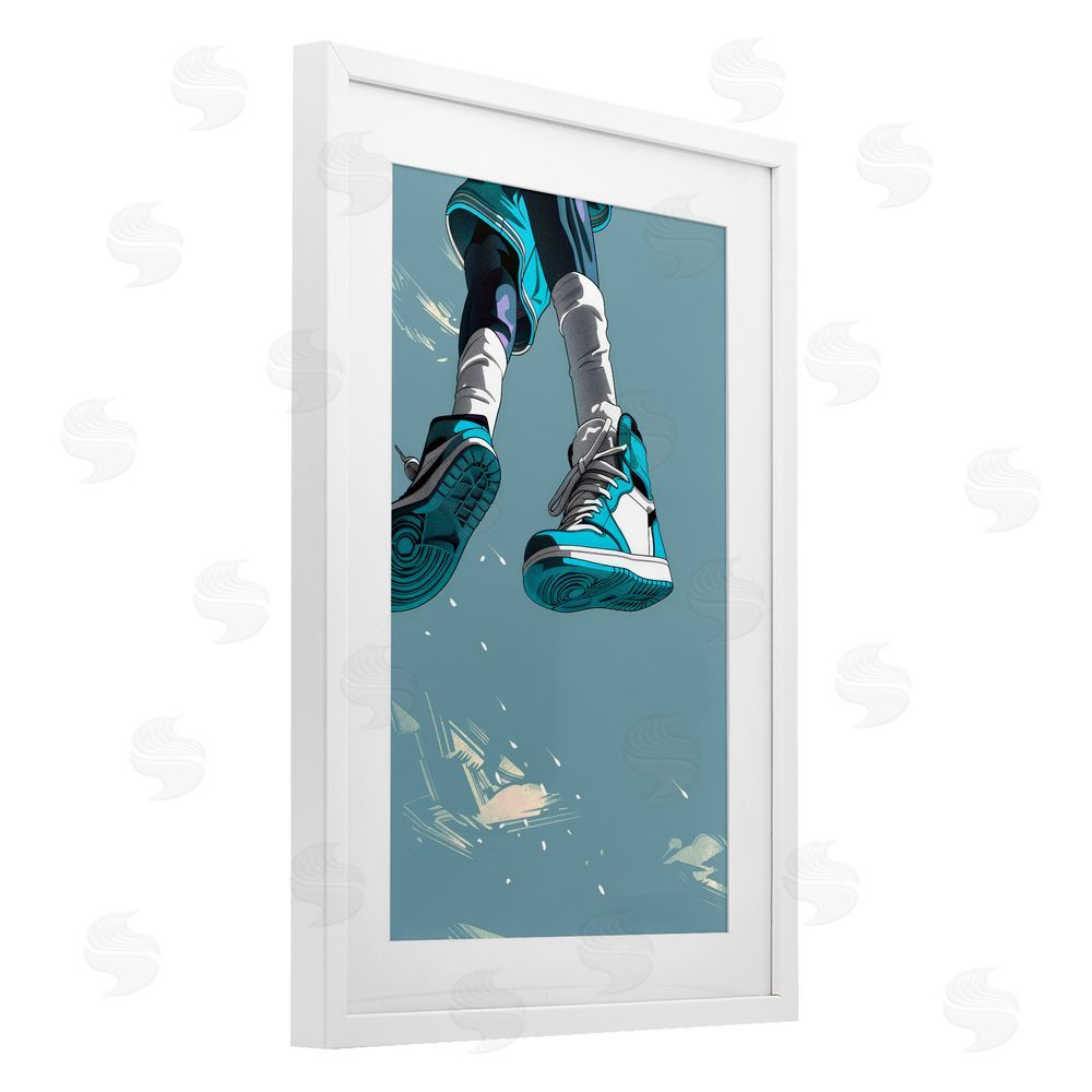 Ray Powers Sporty Jump with Sneakers White Framed Print Under Glass Wall Art