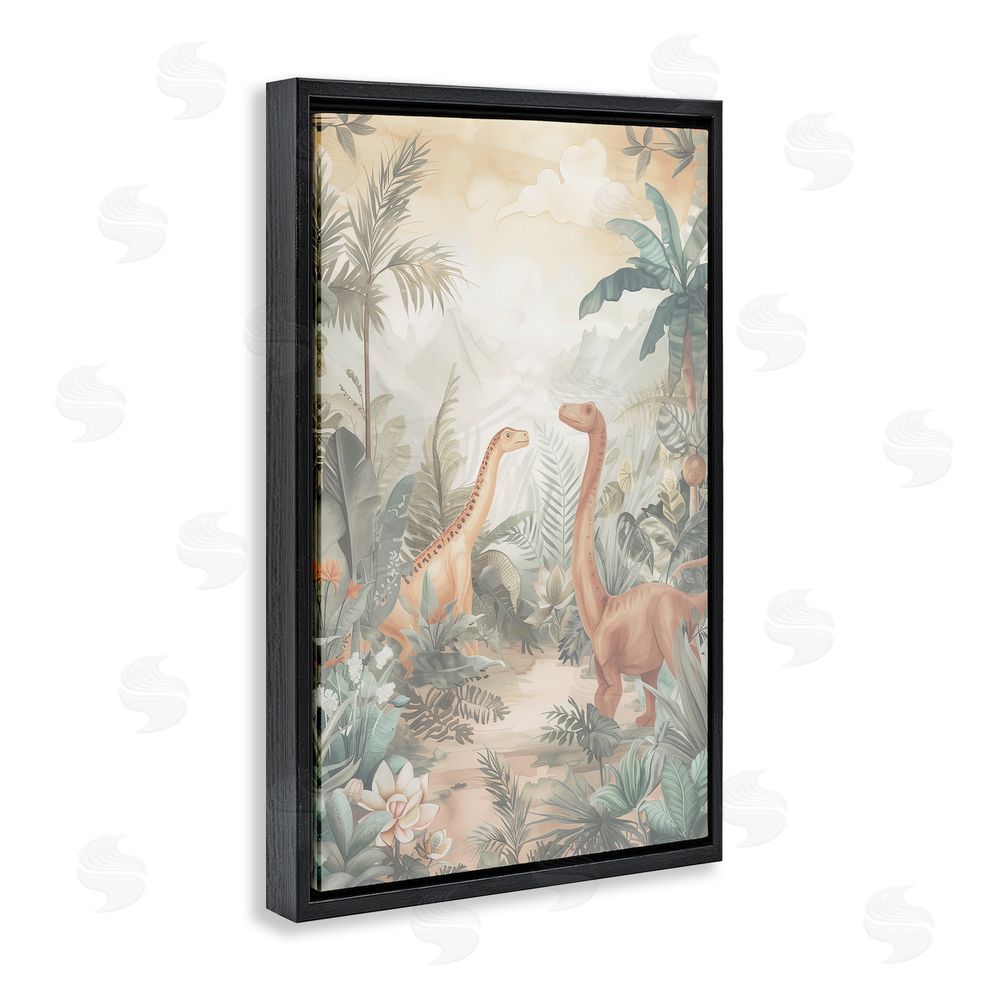 Ray Powers Muted Dinosaurs in Jungle Black Floating Frame Canvas Wall Art Print