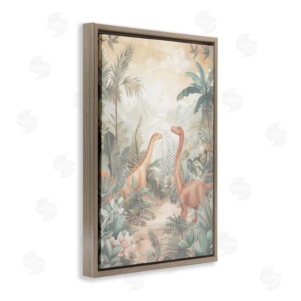 Ray Powers Muted Dinosaurs in Jungle Brown Floating Frame Canvas Wall Art Print