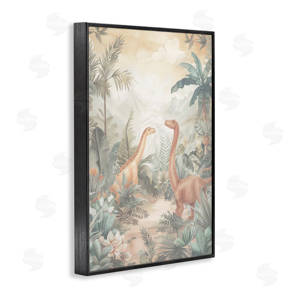 Ray Powers Muted Dinosaurs in Jungle Black Framed Giclee Wall Art Print