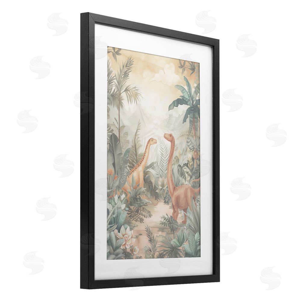 Ray Powers Muted Dinosaurs in Jungle Black Framed Print Under Glass Wall Art