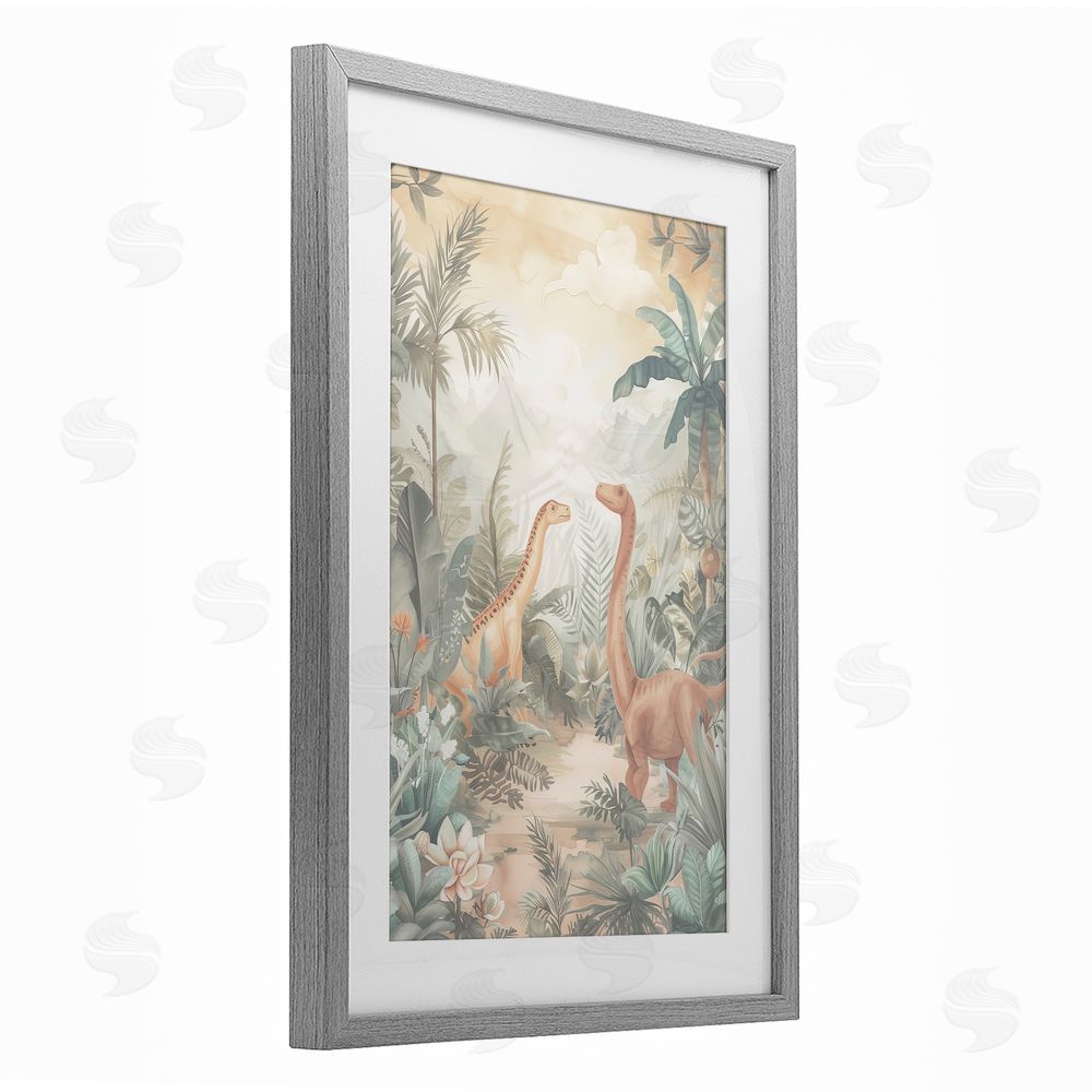Ray Powers Muted Dinosaurs in Jungle Gray Framed Print Under Glass Wall Art