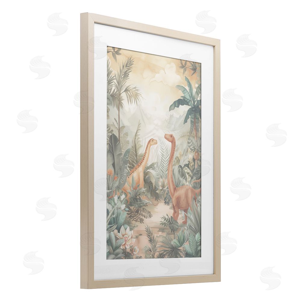 Ray Powers Muted Dinosaurs in Jungle Brown Framed Print Under Glass Wall Art