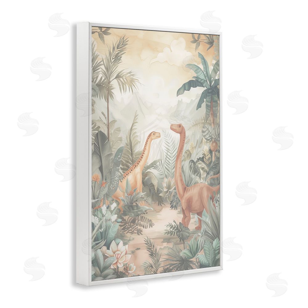 Ray Powers Muted Dinosaurs in Jungle White Framed Giclee Wall Art Print