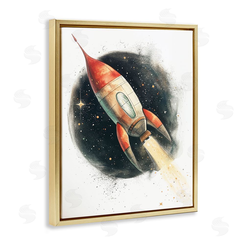 Ray Powers Journey To Space Rocket Gold Floating Frame Canvas Wall Art