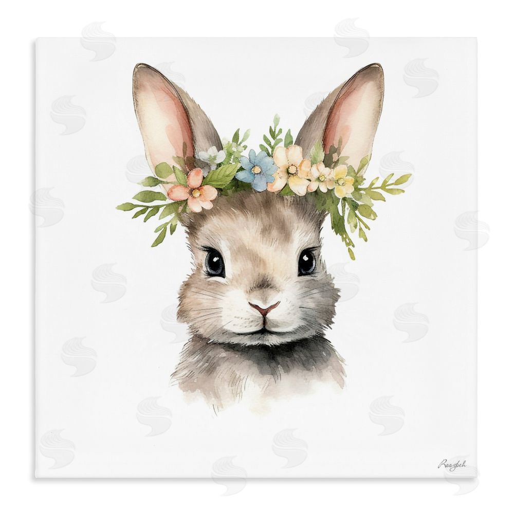 Roozbeh Woodland Rabbit Flower Crown Stretched Canvas Wall Art Print