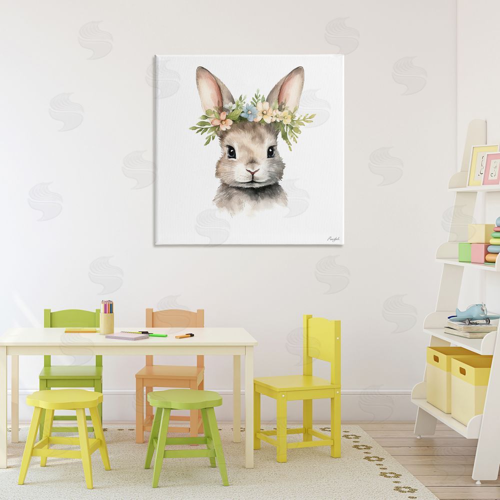 Roozbeh Woodland Rabbit Flower Crown Stretched Canvas Wall Art Print in Room