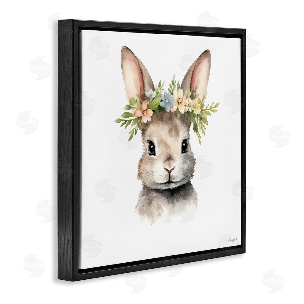 Roozbeh Woodland Rabbit Flower Crown Black Floating Frame Canvas Wall Art Print