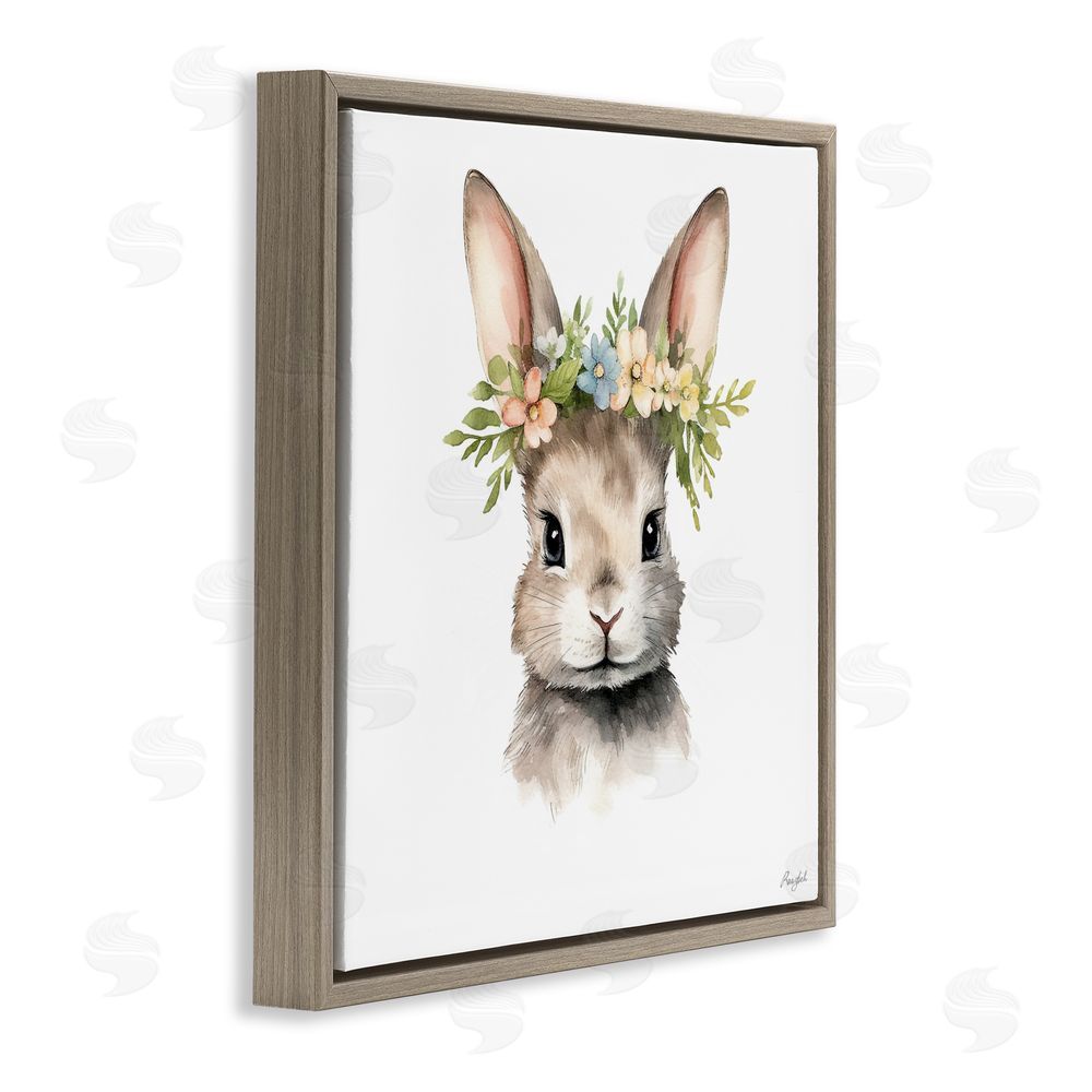 Roozbeh Woodland Rabbit Flower Crown Brown Floating Frame Canvas Wall Art Print