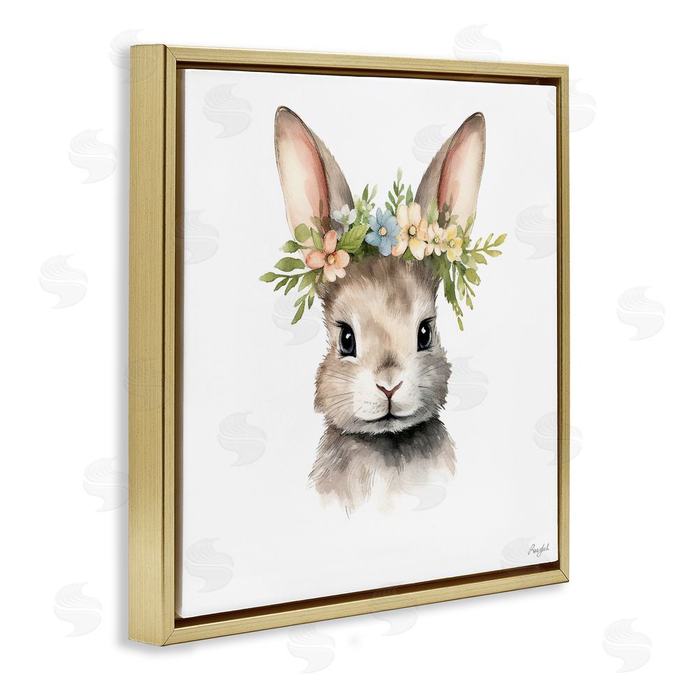 Roozbeh Woodland Rabbit Flower Crown Gold Floating Frame Canvas Wall Art Print
