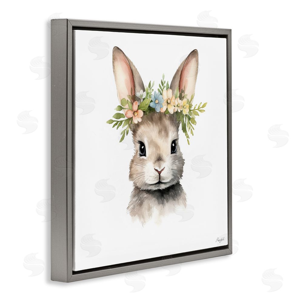 Roozbeh Woodland Rabbit Flower Crown Gray Floating Frame Canvas Wall Art Print