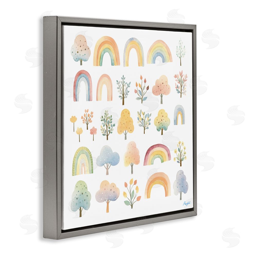 Roozbeh Happy Rainbows & Foliage Gray Floating Frame Canvas Wall Art