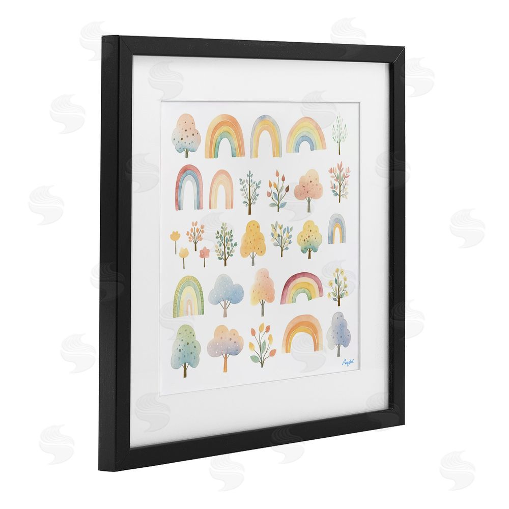 Roozbeh Happy Rainbows & Foliage Black Framed Print Under Glass with Mat Wall Art