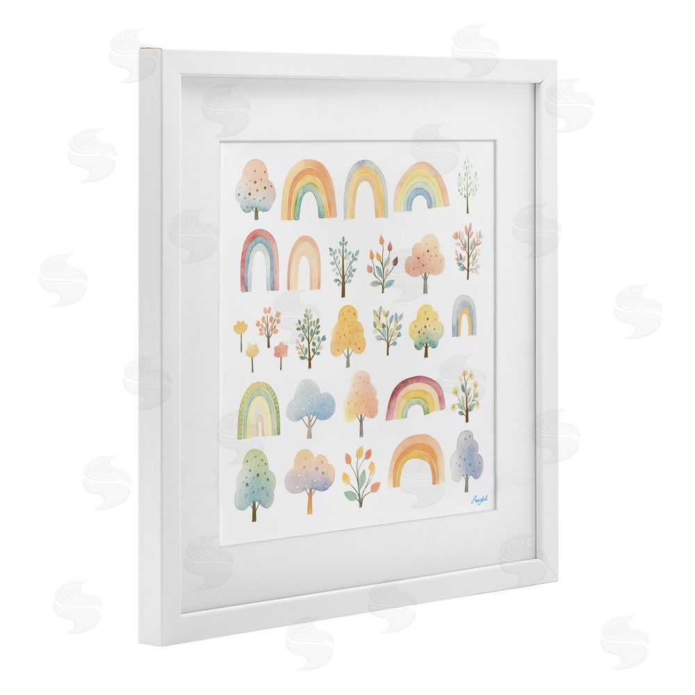 Roozbeh Happy Rainbows & Foliage White Framed Print Under Glass with Mat Wall Art