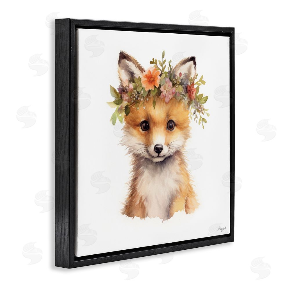 Roozbeh Woodland Fox Flower Crown Black Floating Frame Canvas Wall Art Print