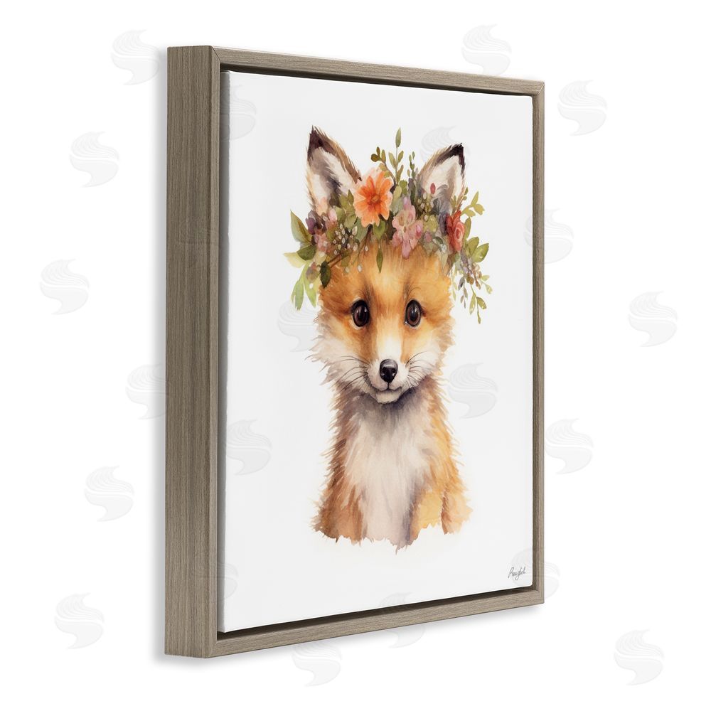 Roozbeh Woodland Fox Flower Crown Brown Floating Frame Canvas Wall Art Print