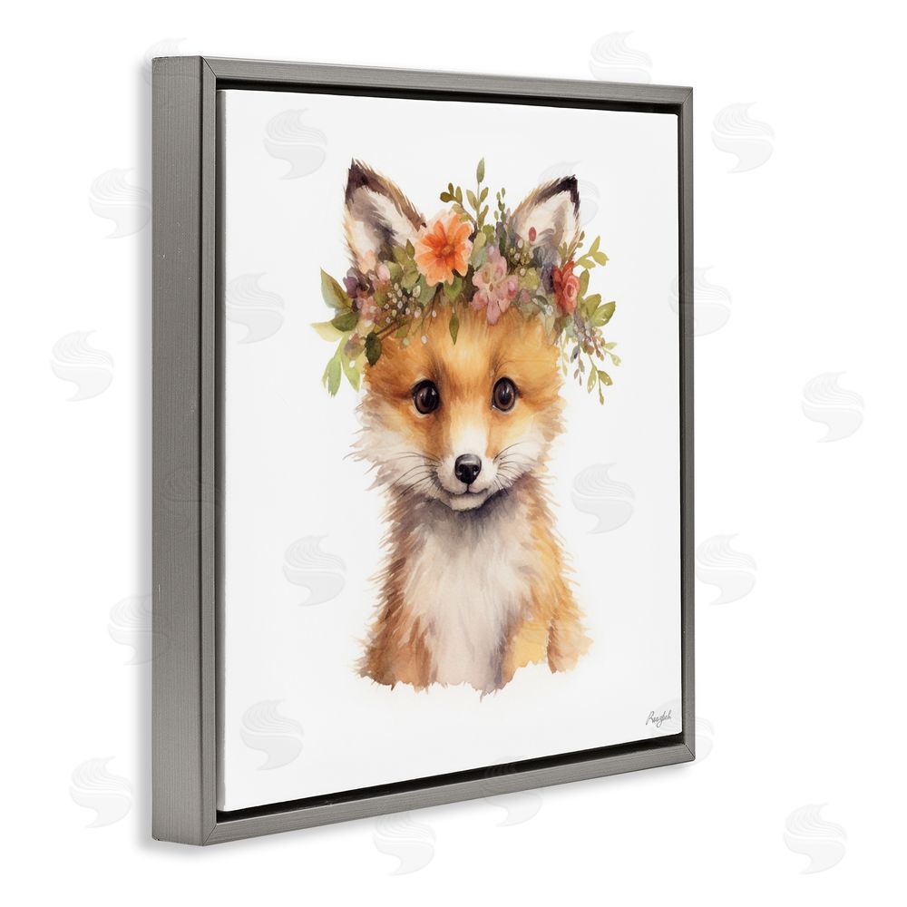 Roozbeh Woodland Fox Flower Crown Gray Floating Frame Canvas Wall Art Print