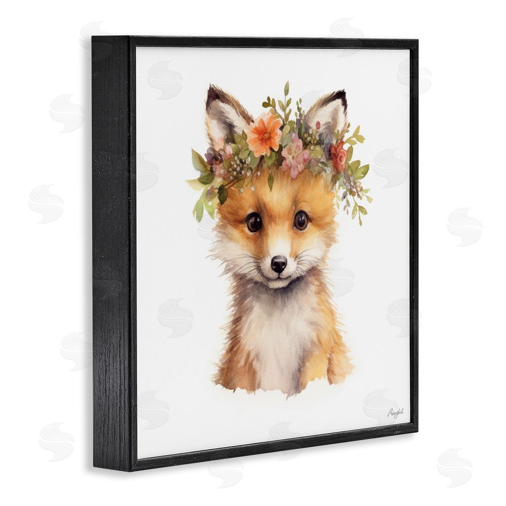 Roozbeh Woodland Fox Flower Crown Black Framed Giclee Wall Art Print