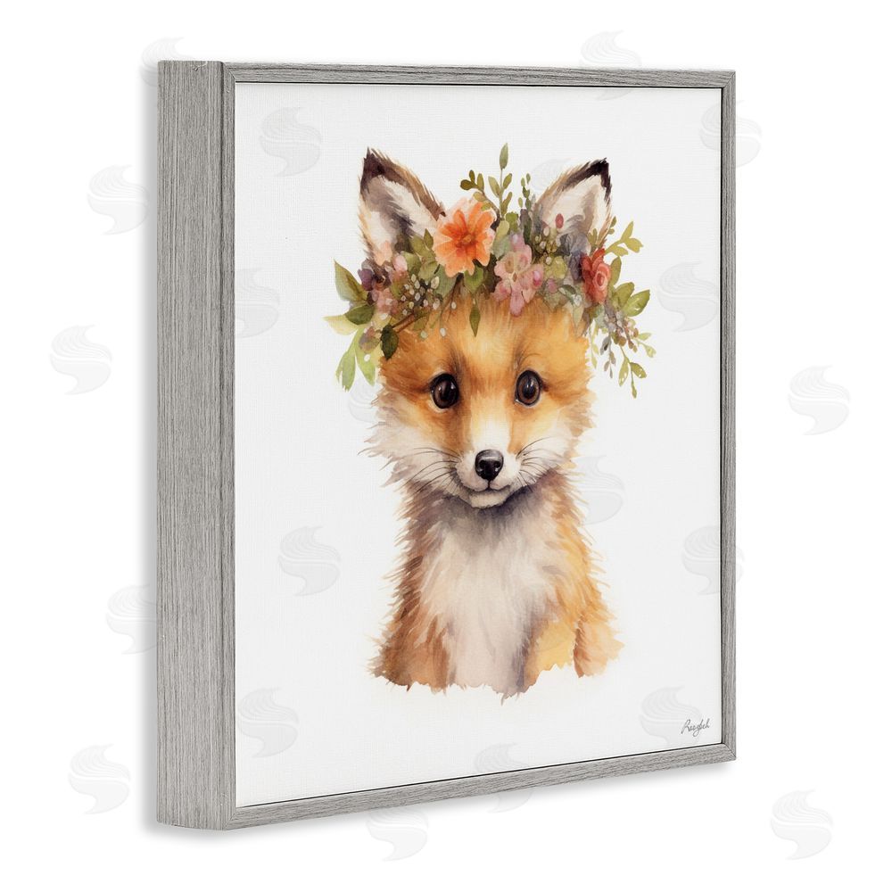 Roozbeh Woodland Fox Flower Crown Gray Framed Giclee Wall Art Print