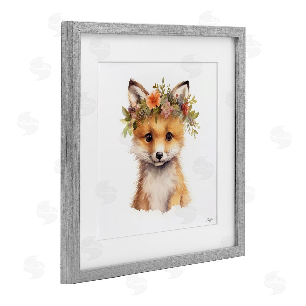 Roozbeh Woodland Fox Flower Crown Gray Framed Print Under Glass Wall Art