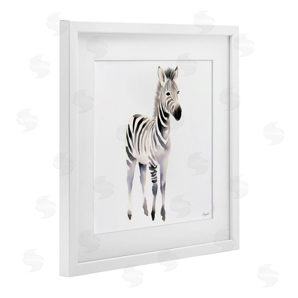 Roozbeh Minimal Zebra Foal White Framed Print Under Glass with Mat Wall Art