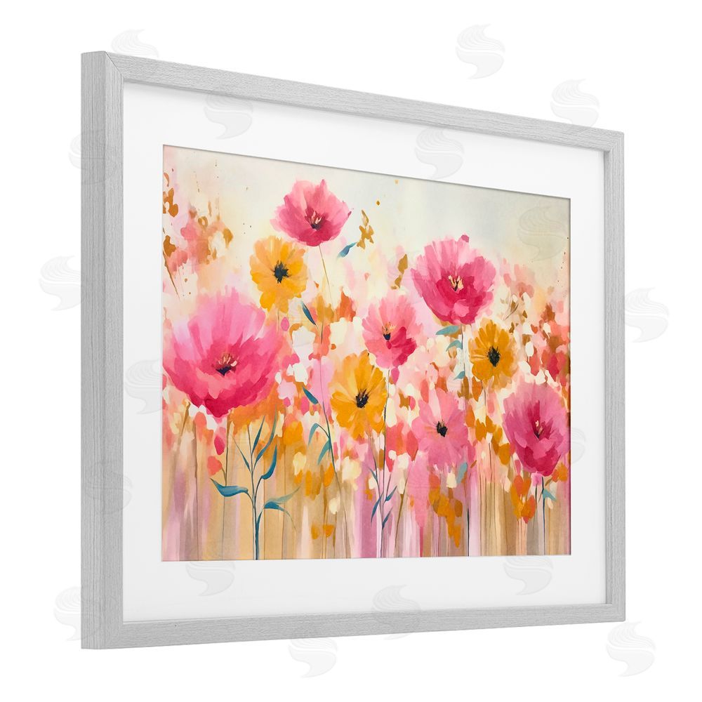Andrea Haase Blooming Whimsy Pink & Yellow Gray Framed Print Under Glass Wall Art
