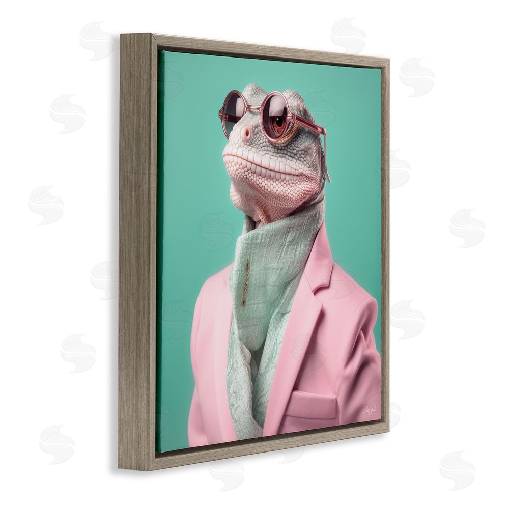 Roozbeh Hipster Iguana Portrait Brown Floating Frame Canvas Wall Art