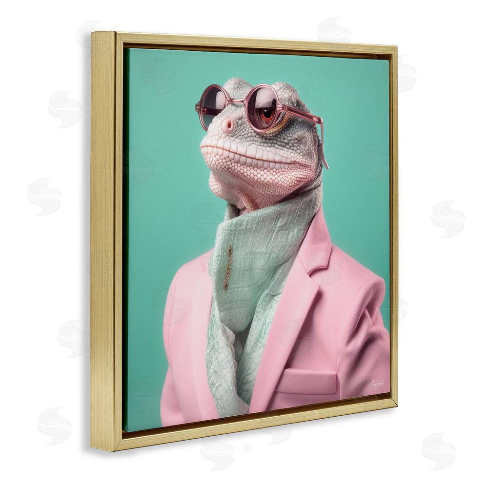 Roozbeh Hipster Iguana Portrait Gold Floating Frame Canvas Wall Art