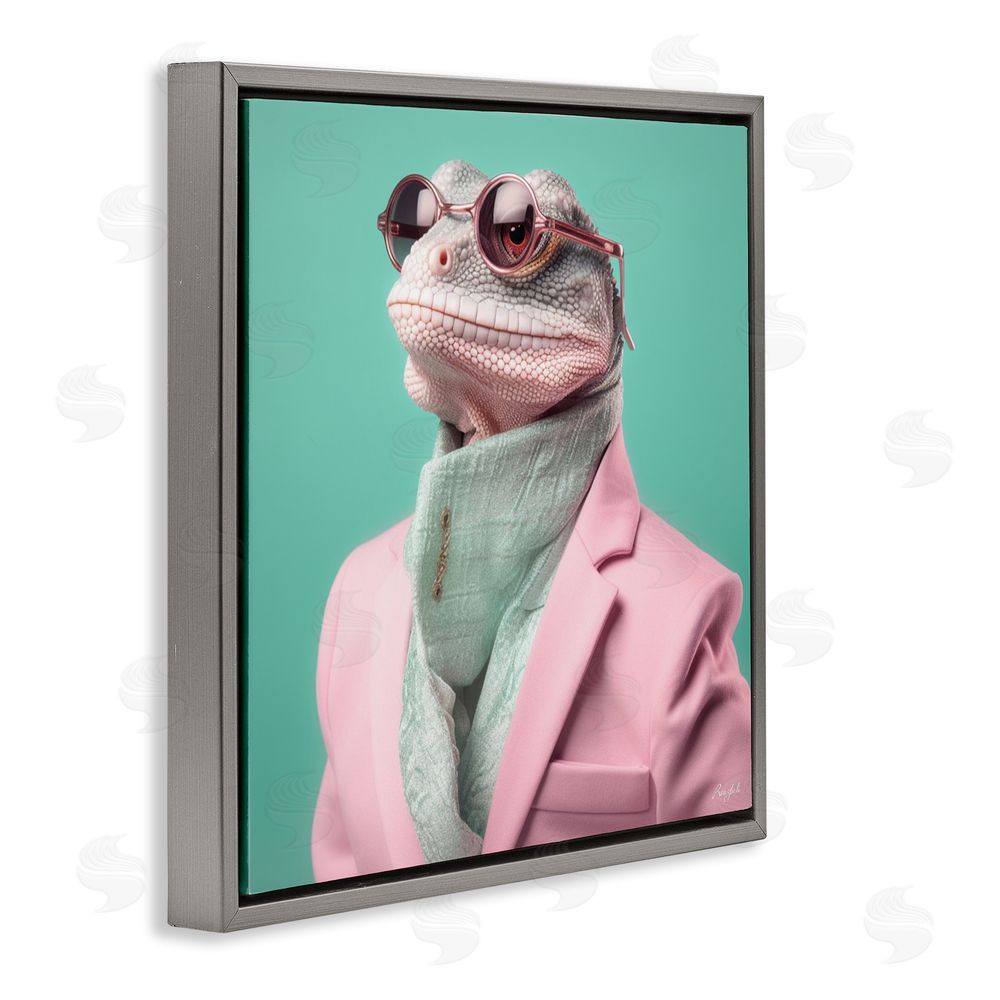Roozbeh Hipster Iguana Portrait Gray Floating Frame Canvas Wall Art