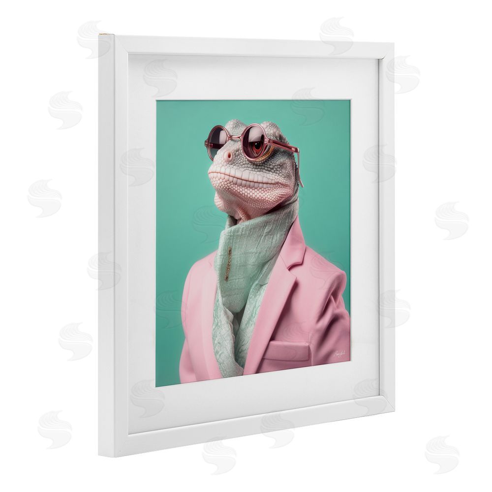 Roozbeh Hipster Iguana Portrait White Framed Print Under Glass with Mat Wall Art