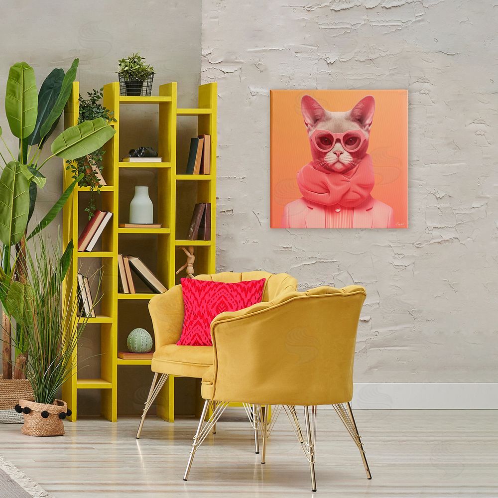 Roozbeh Retro Glasses Cat on Orange Stretched Canvas Wall Art Print in Room