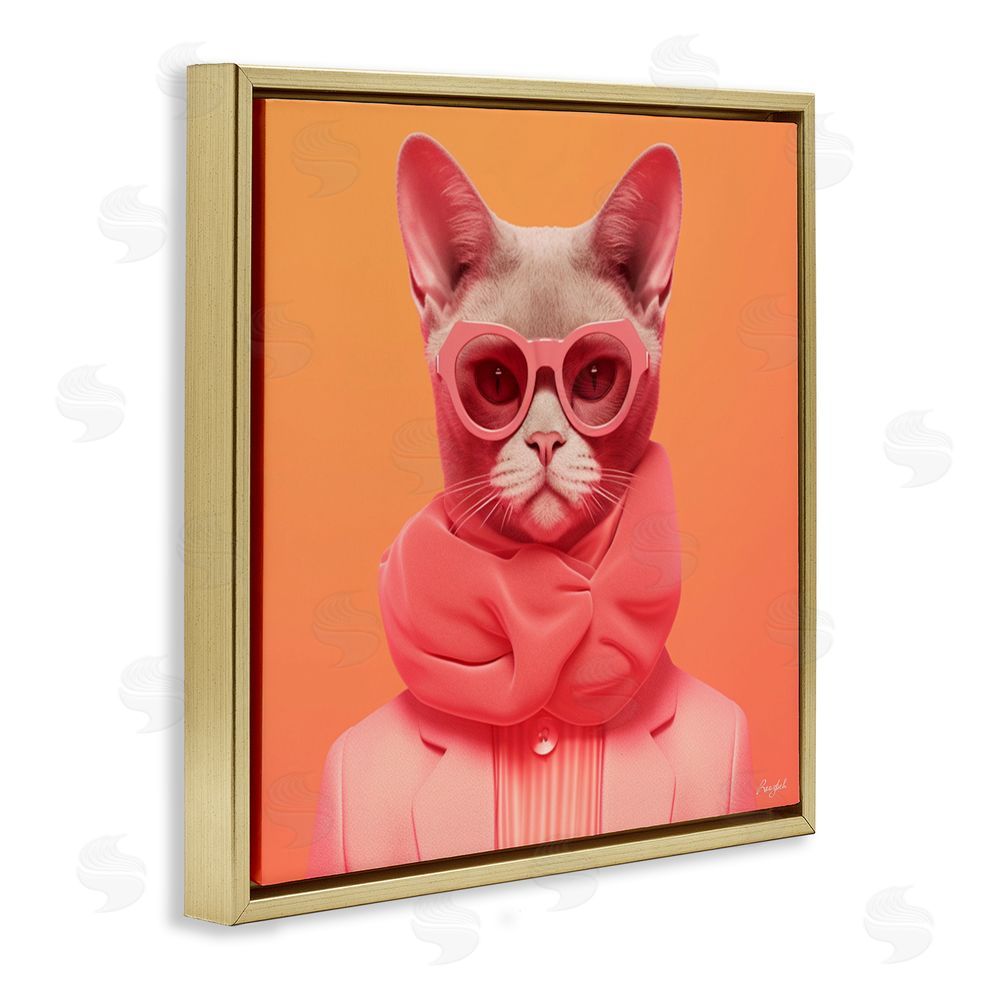 Roozbeh Retro Glasses Cat on Orange Gold Floating Frame Canvas Wall Art Print