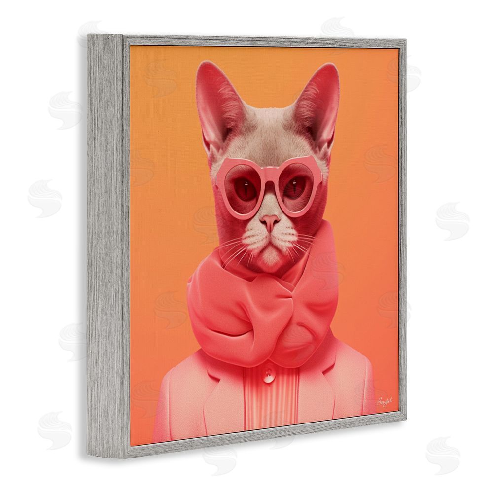 Roozbeh Retro Glasses Cat on Orange Gray Framed Giclee Wall Art Print