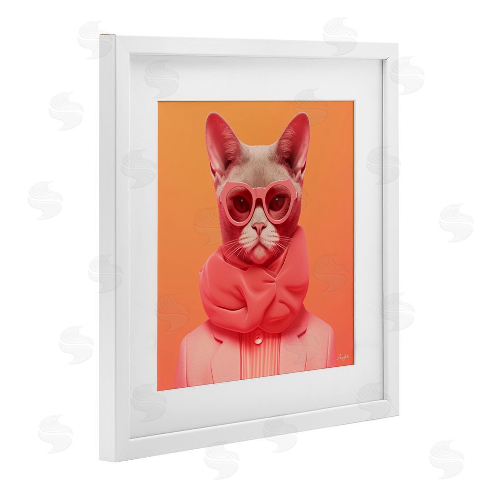 Roozbeh Retro Glasses Cat on Orange White Framed Print Under Glass Wall Art