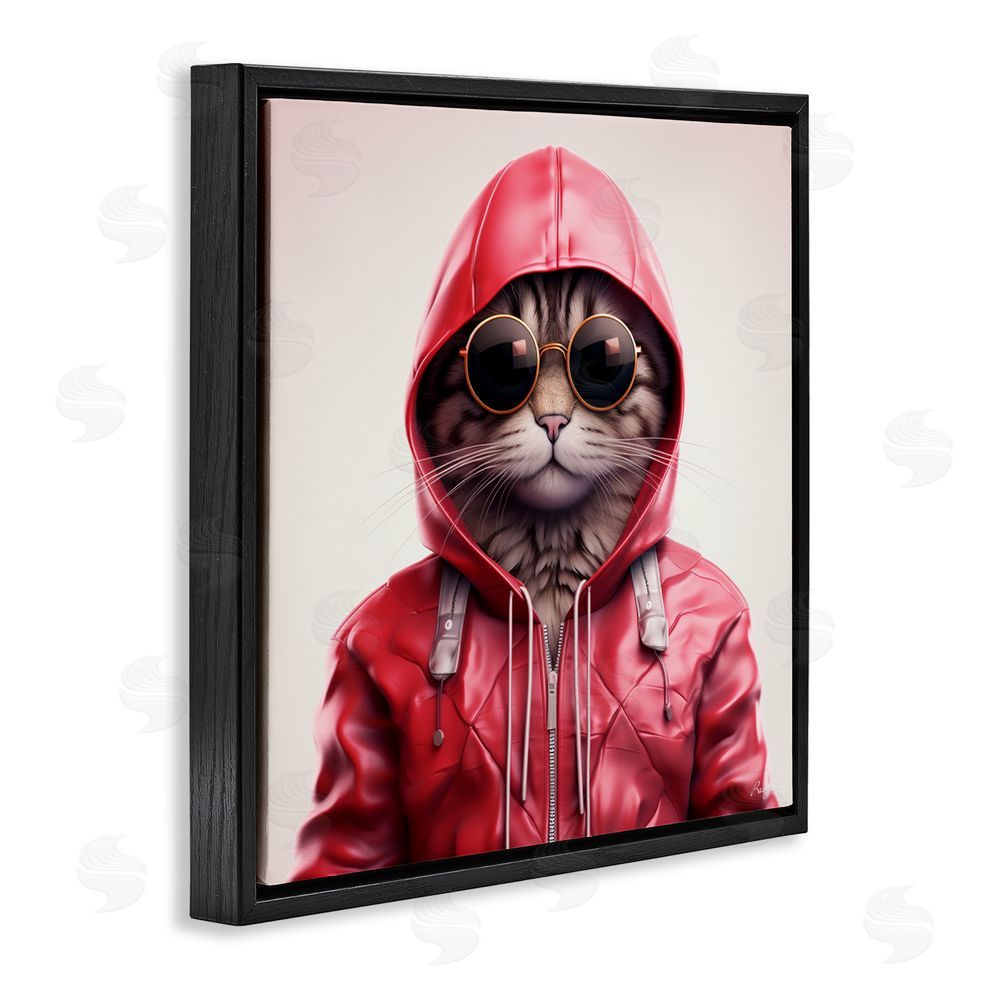 Roozbeh Hipster Cat in Stylish Jacket Black Floating Frame Canvas Wall Art
