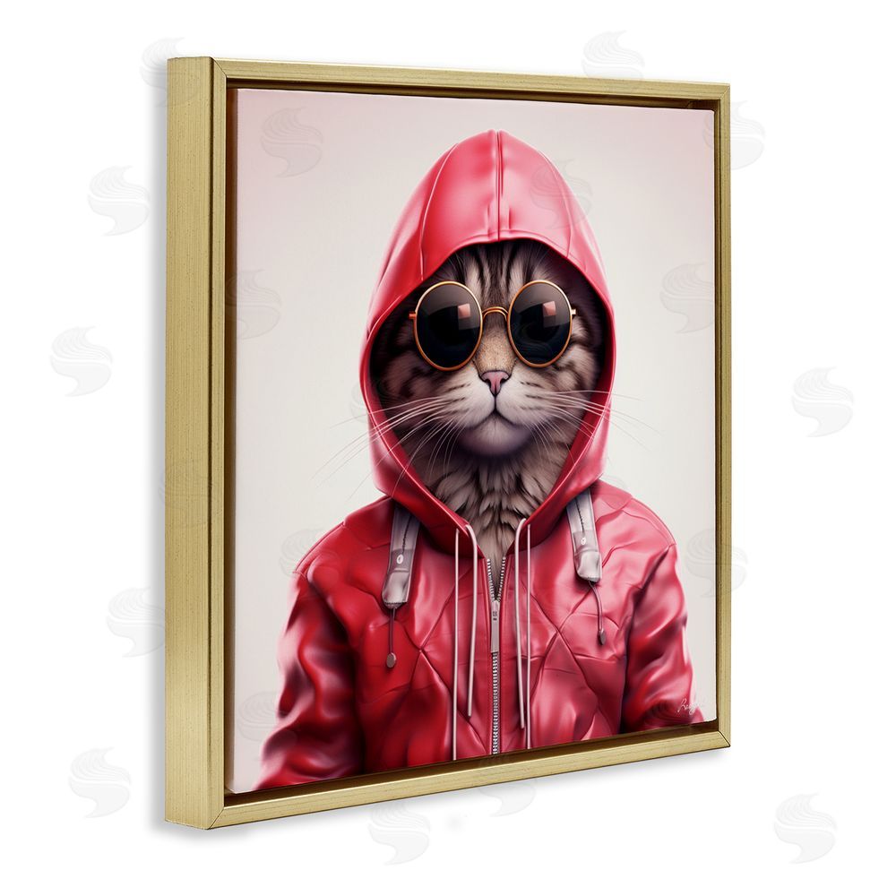 Roozbeh Hipster Cat in Stylish Jacket Gold Floating Frame Canvas Wall Art