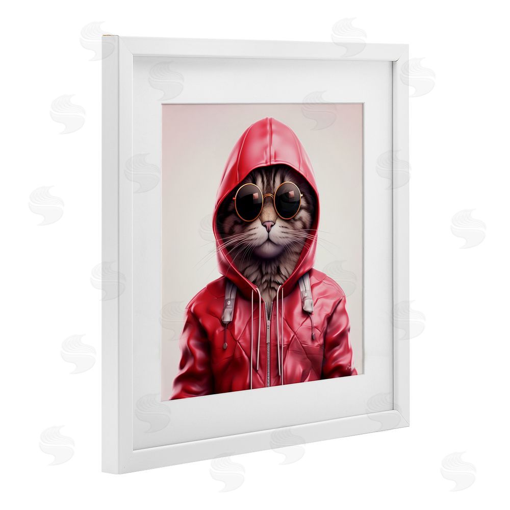 Roozbeh Hipster Cat in Stylish Jacket White Framed Print Under Glass with Mat Wall Art