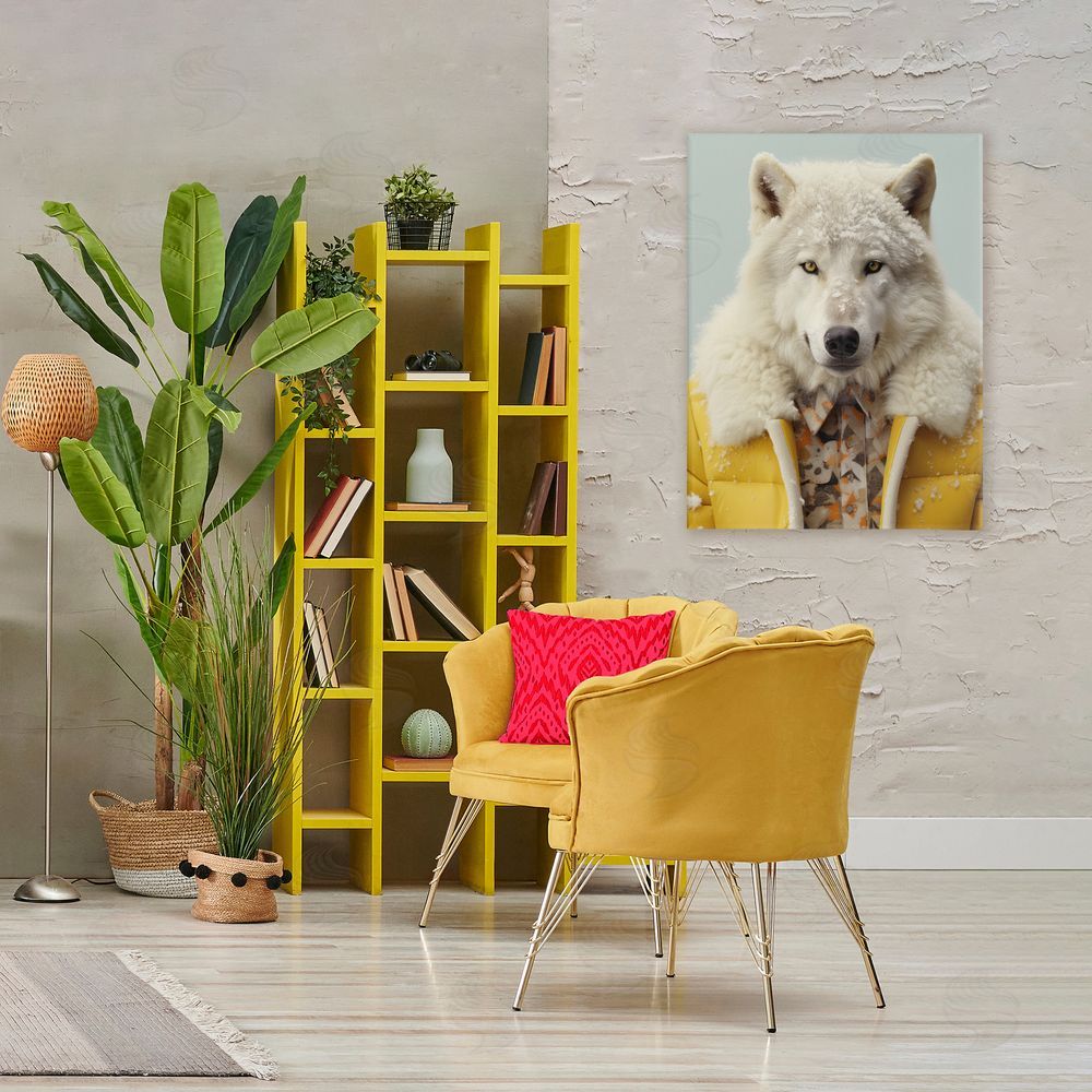 Ray Powers Snow Wolf Yellow Jacket Stretched Canvas Wall Art Print in Room