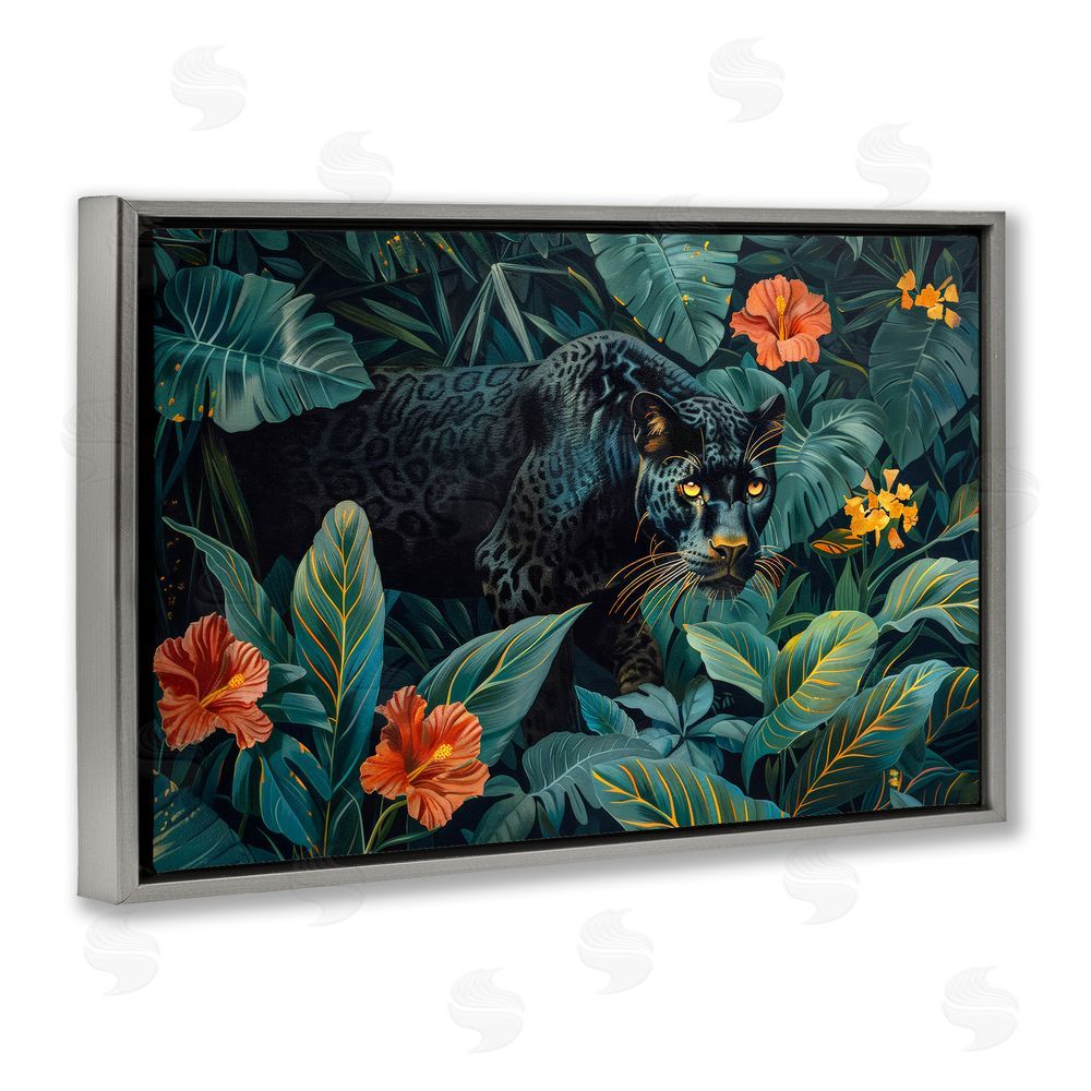 Ray Powers Panther's Exotic Paradise Gray Floating Frame Canvas Wall Art Print