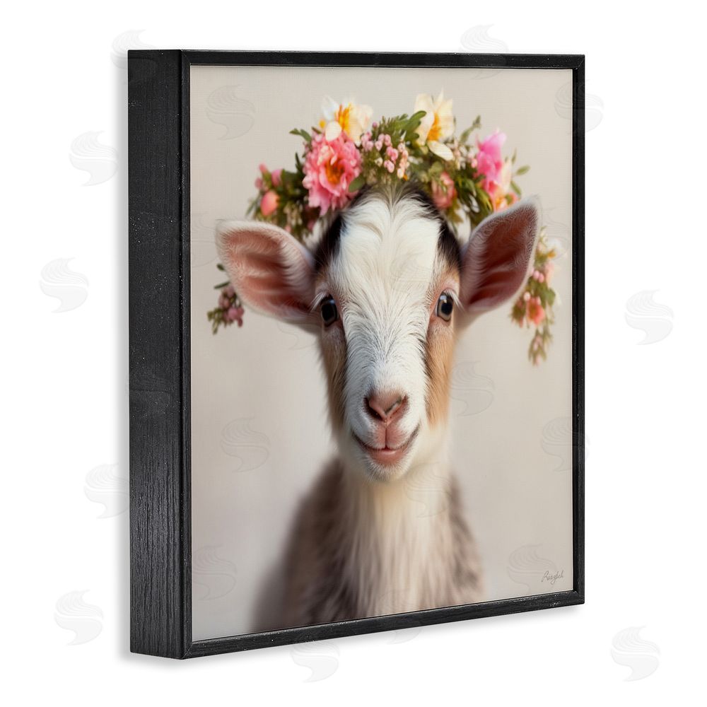 Roozbeh Flower Crowned Goat Blacked Framed Giclee Wall Art Print