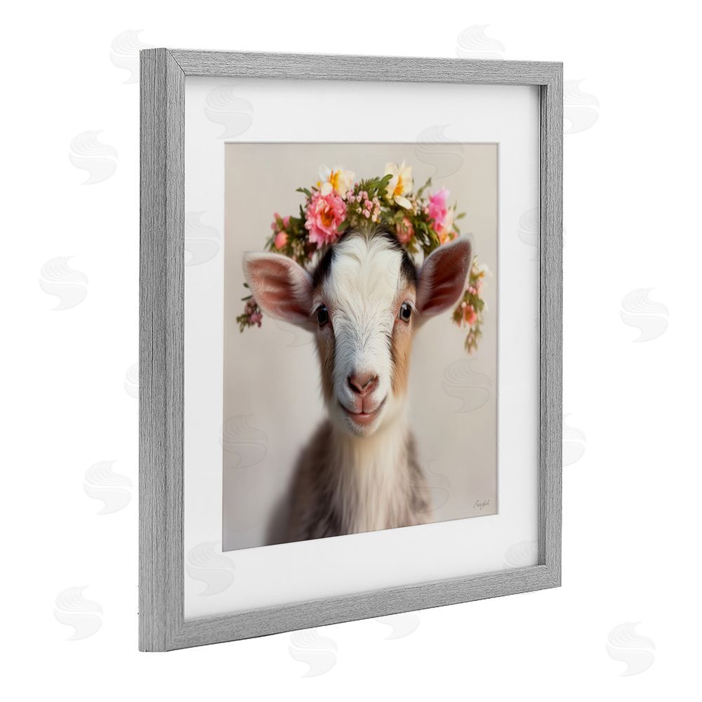 Roozbeh Flower Crowned Goat Gray Framed Print Under Glass with Mat Wall Art